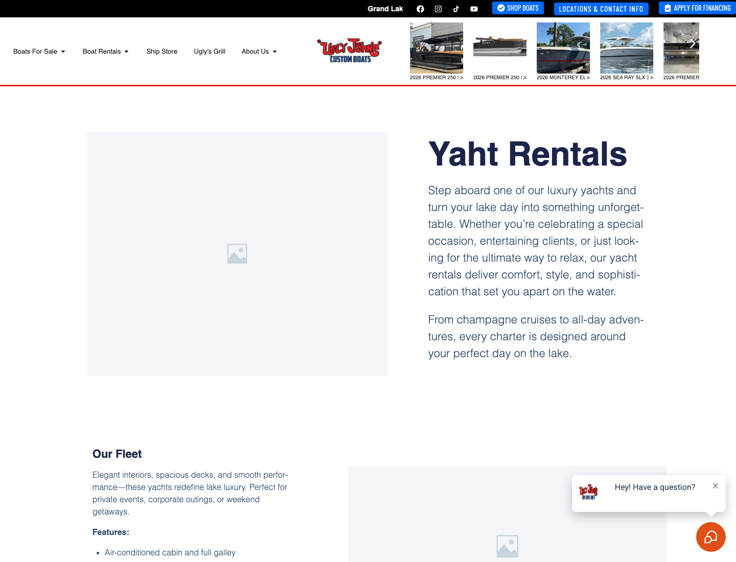 Yacht rentals page screenshot showing typo-level copy and page polish issues